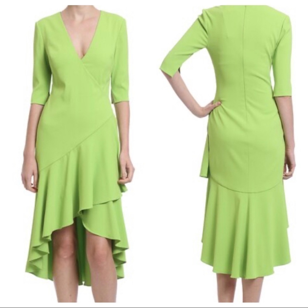 Badgley Mischka lime green v-neck ruffle dress NWT